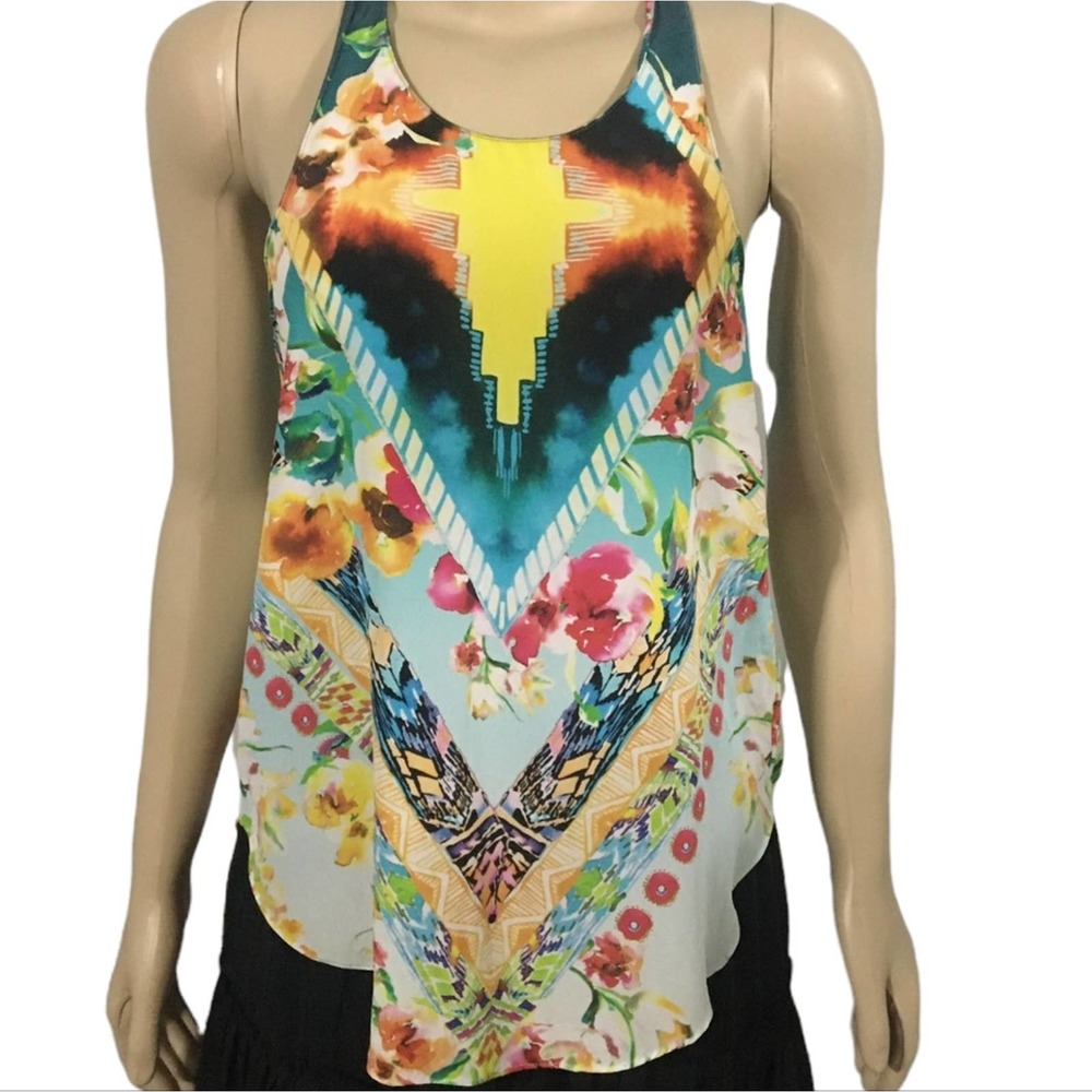 Rory Beca Women's Top Size Small Blue Multi-colored Floral Keyhole Back Slit